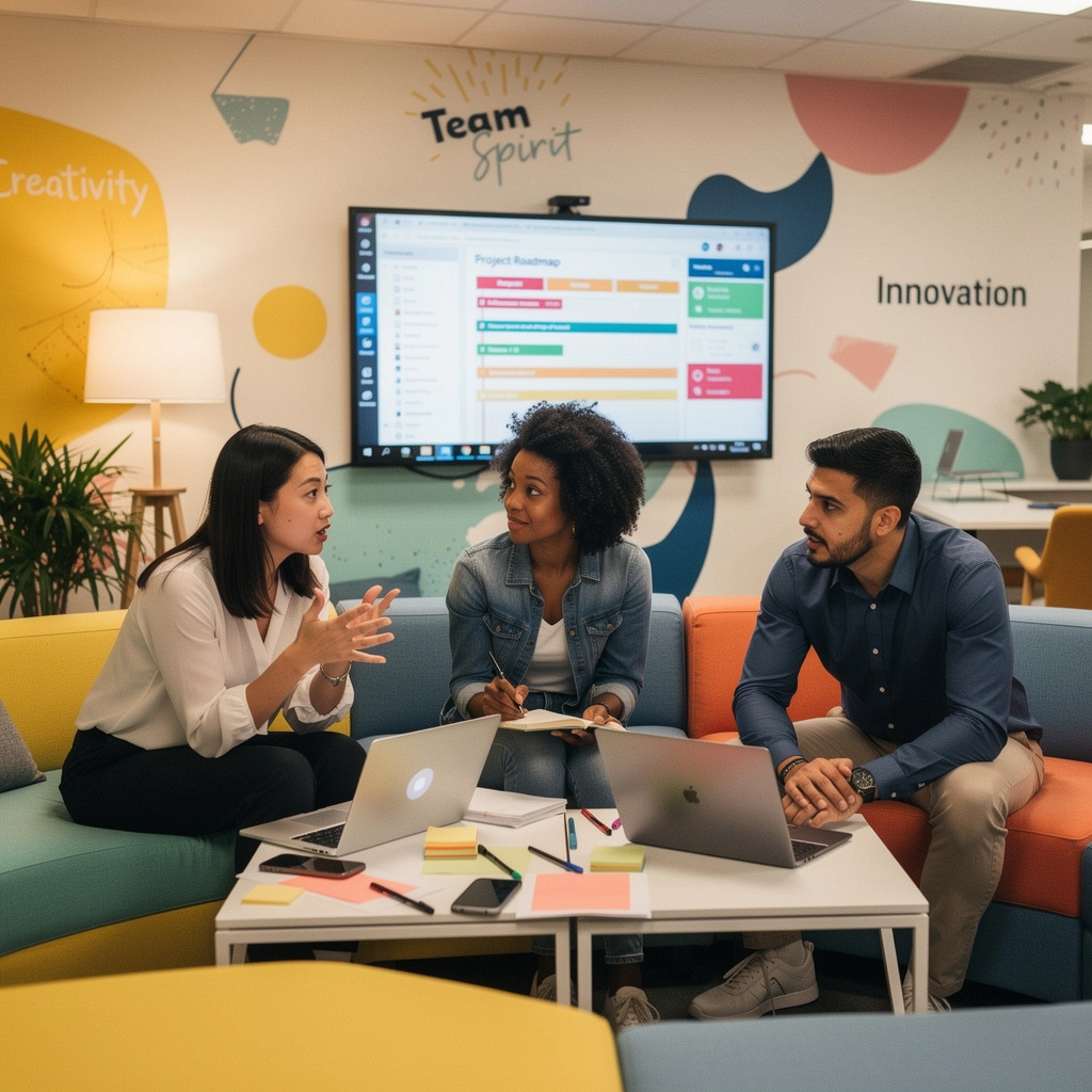 Ein kreativer Meetingraum mit inspirierenden Wandbildern und modernen Möbeln für produktive Diskussionen.