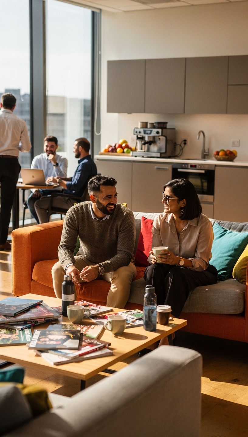Ein großzügiger Wartebereich mit komfortablen Stühlen und einer kleinen Kaffeebar für Gäste.